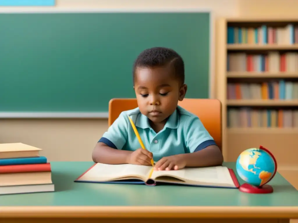 Un niño en clase rodeado de materiales educativos, reflejando la importancia de la educación temprana en el desarrollo económico