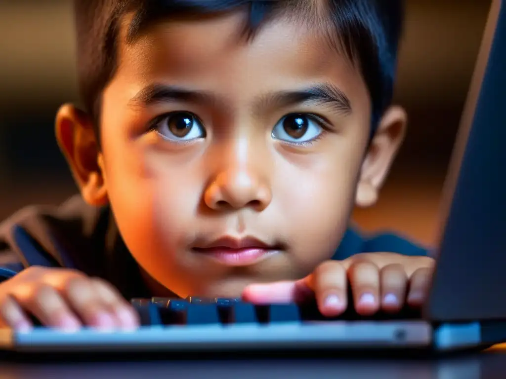 Un niño concentrado frente a la pantalla de una laptop, reflejando asombro