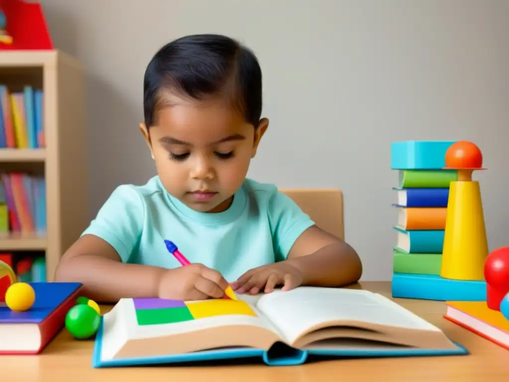 Un niño concentrado en un libro bilingüe rodeado de libros y juguetes educativos