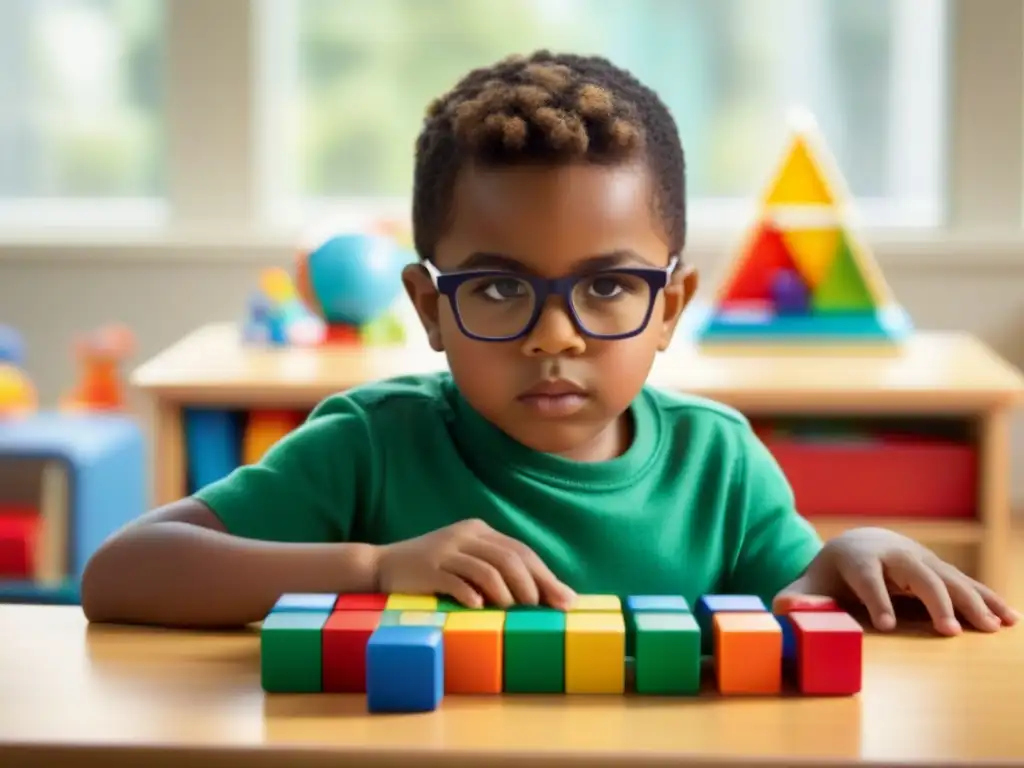 Niño concentrado en puzzle matemático rodeado de juguetes educativos y libros