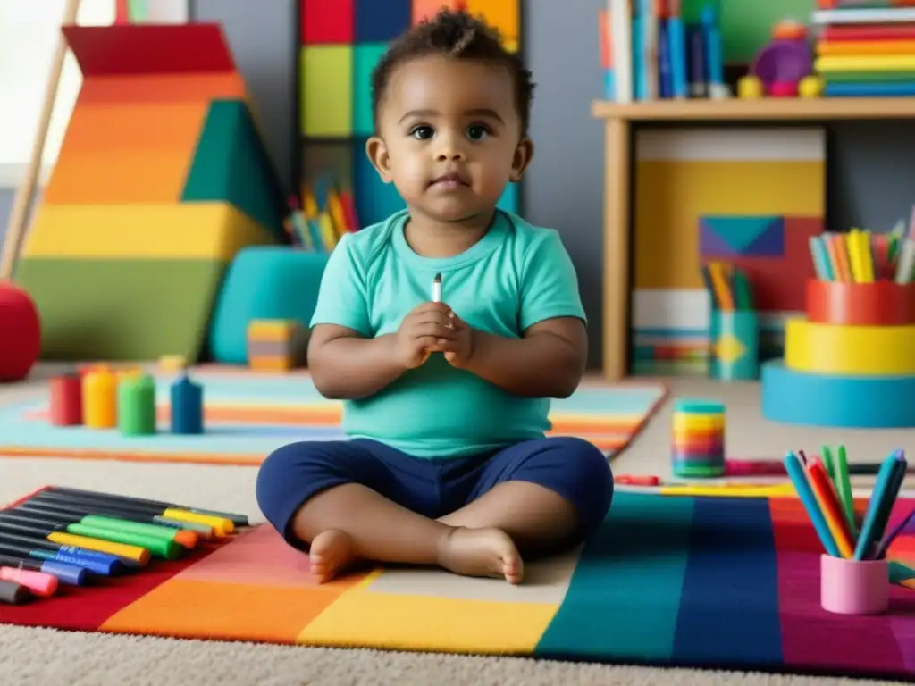 Niño concentrado rodeado de materiales de arte en una colorida alfombra