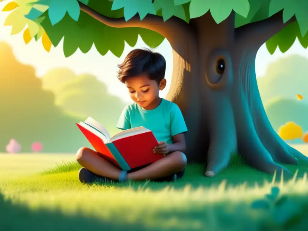 Un niño fascinado leyendo un libro colorido bajo un árbol en un prado, con personajes mágicos