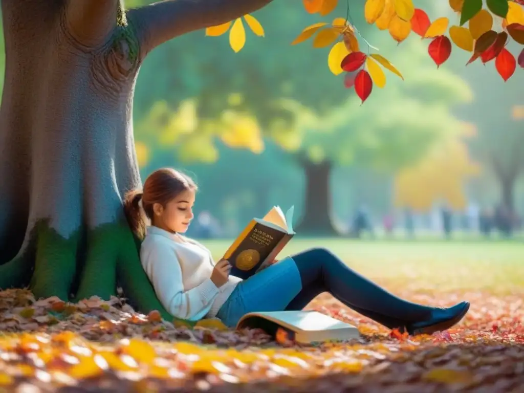 Un niño leyendo un libro clásico de Literatura Infantil Uruguay Reseñas bajo un árbol, rodeado de hojas de otoño coloridas