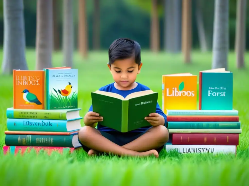 Un niño leyendo 'Libros Infantiles Uruguayos' en un campo soleado rodeado de libros coloridos