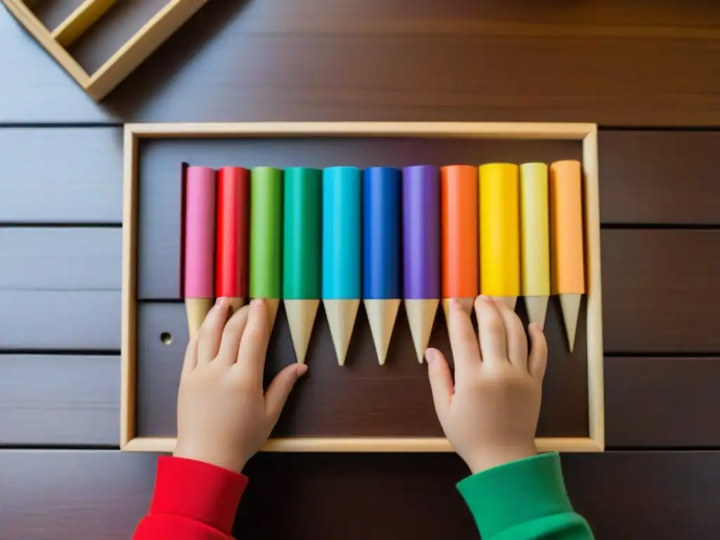 Niño ordenando materiales Montessori para enseñanza de idiomas en Uruguay, destacando precisión y enfoque