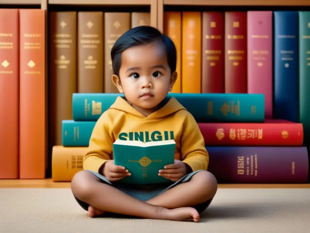 Un niño rodeado de libros en varios idiomas, representando la educación bilingüe y el desarrollo cognitivo temprano