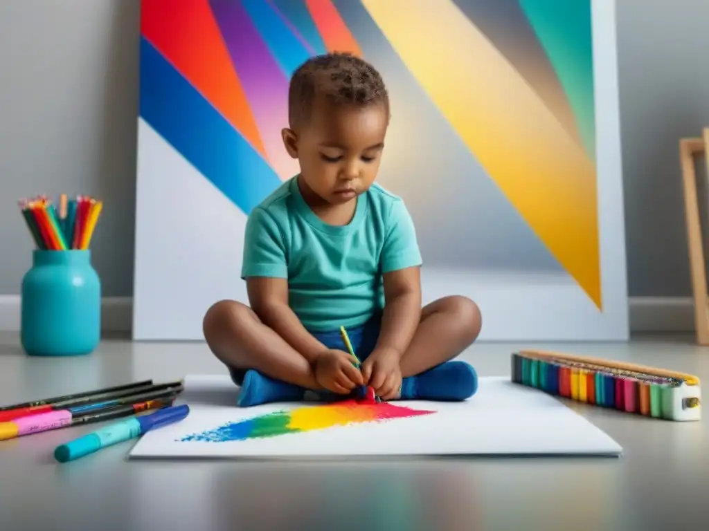 Un niño rodeado de materiales artísticos, concentrado en un lienzo en blanco