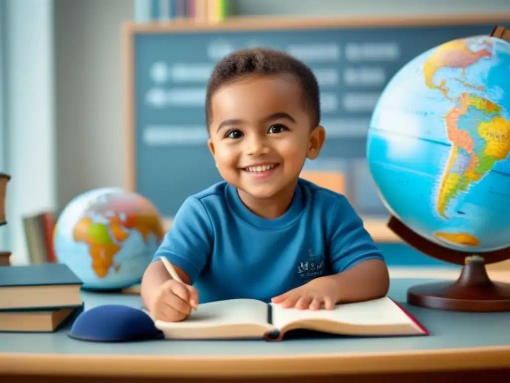 Niño sonriente señala globo terráqueo en aula rodeado de libros