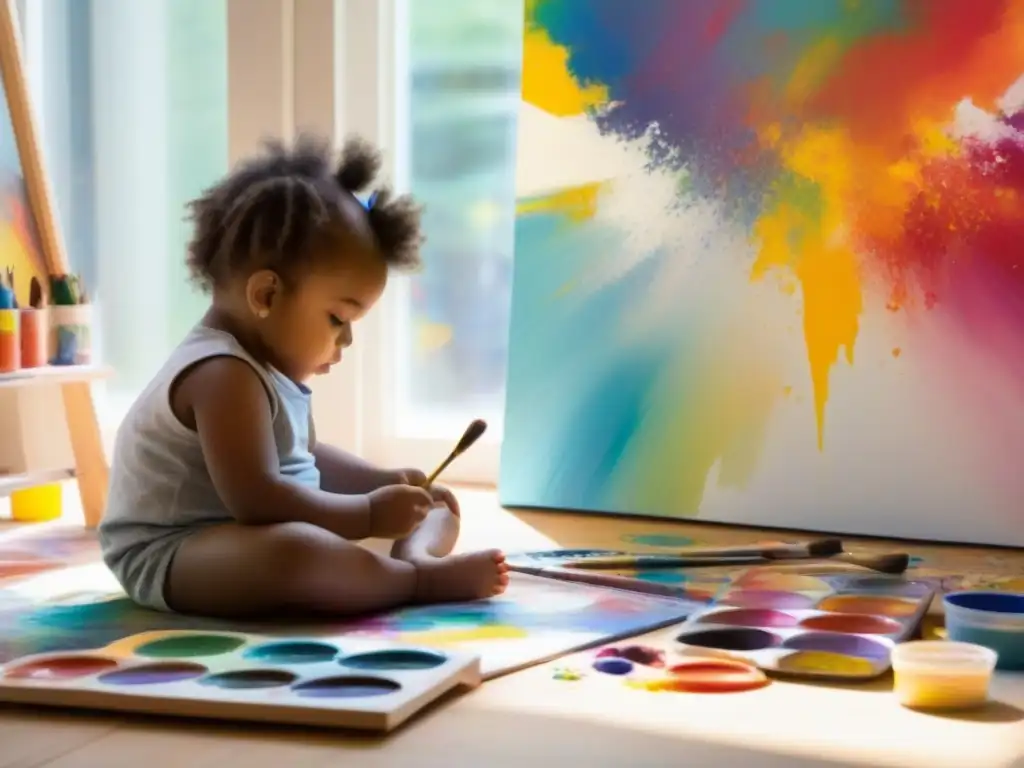 Un niño uruguayo concentrado en pintar un cuadro abstracto colorido, rodeado de pinceles y paletas de pintura en un estudio luminoso