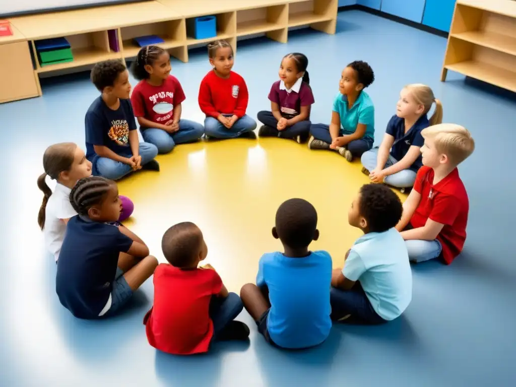 Niños diversos practican escucha activa y empatía en un círculo de clase