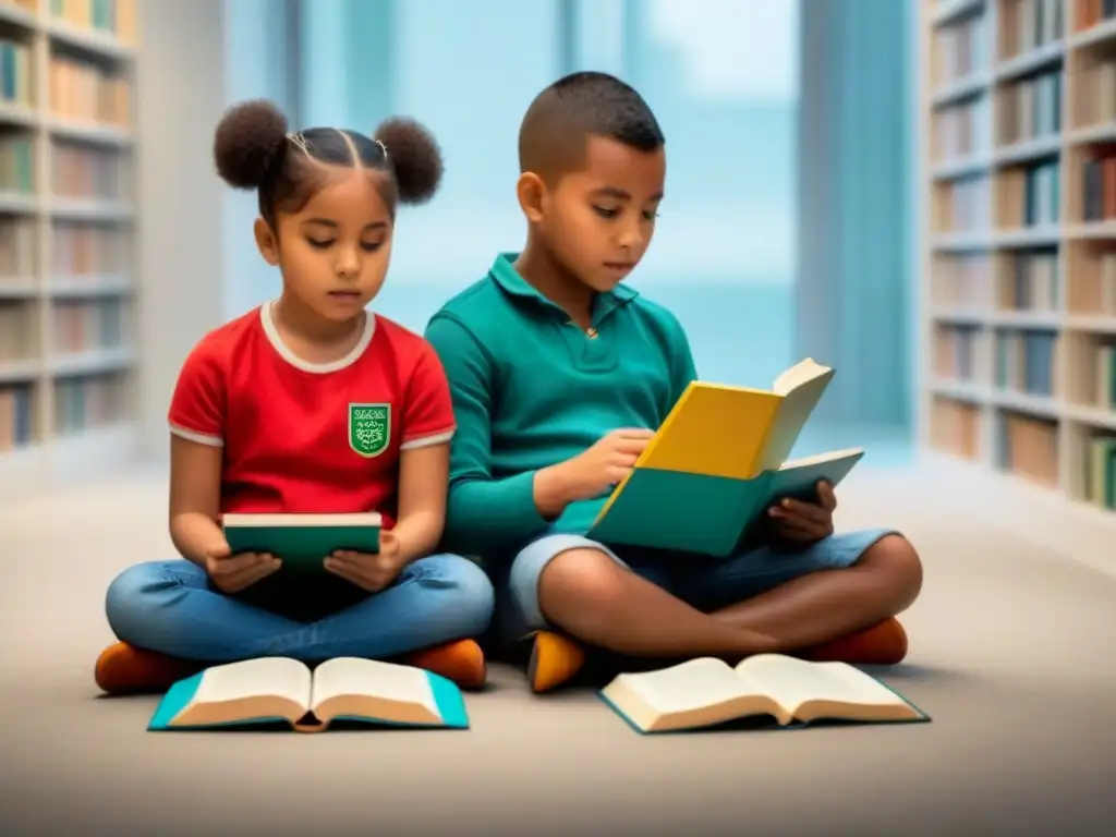 Dos niños diversos colaboran en una actividad de educación bilingüe en Uruguay, rodeados de libros y tabletas
