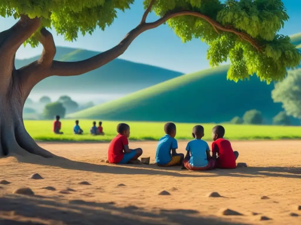 Niños jugando bajo un árbol en un paisaje rural, resaltando la importancia de las metodologías lúdicas en educación rural