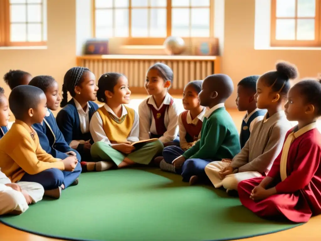 Niños de diferentes culturas en aula con ropa tradicional y material educativo