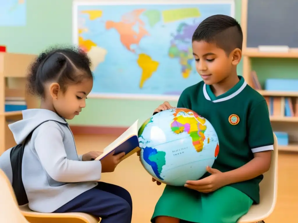 Dos niños de diferentes culturas comparten un libro en español e inglés, simbolizando la educación bilingüe en Uruguay