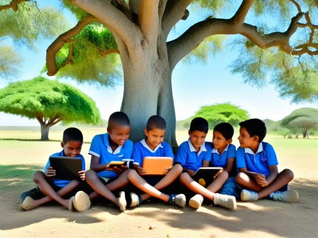 Niños curiosos exploran tablets bajo un árbol en Uruguay, reflejando el Proyecto Ceibal