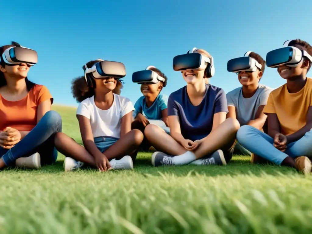 Niños diversas edades y etnias en círculo en campo con VR, interactuando con elementos virtuales