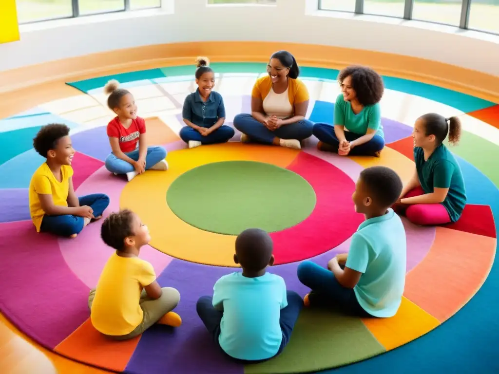 Niños diversos disfrutan de una actividad educativa inclusiva en un aula moderna y luminosa en Uruguay