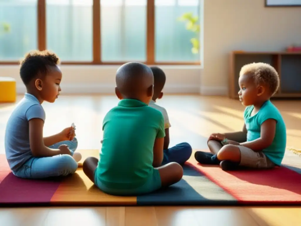 Niños diversos en aula luminosa, jugando y aprendiendo juntos, fomentando la educación temprana inclusiva en Uruguay