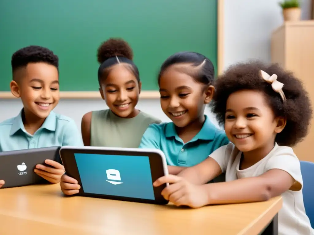 Niños diversos disfrutan de la realidad aumentada en aula moderna, fomentando habilidades socioemocionales en Uruguay