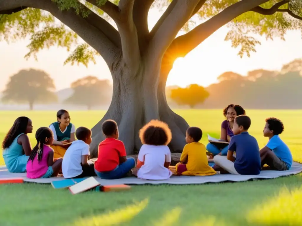 Niños diversos disfrutan de una sesión de cuentos bajo un árbol al atardecer