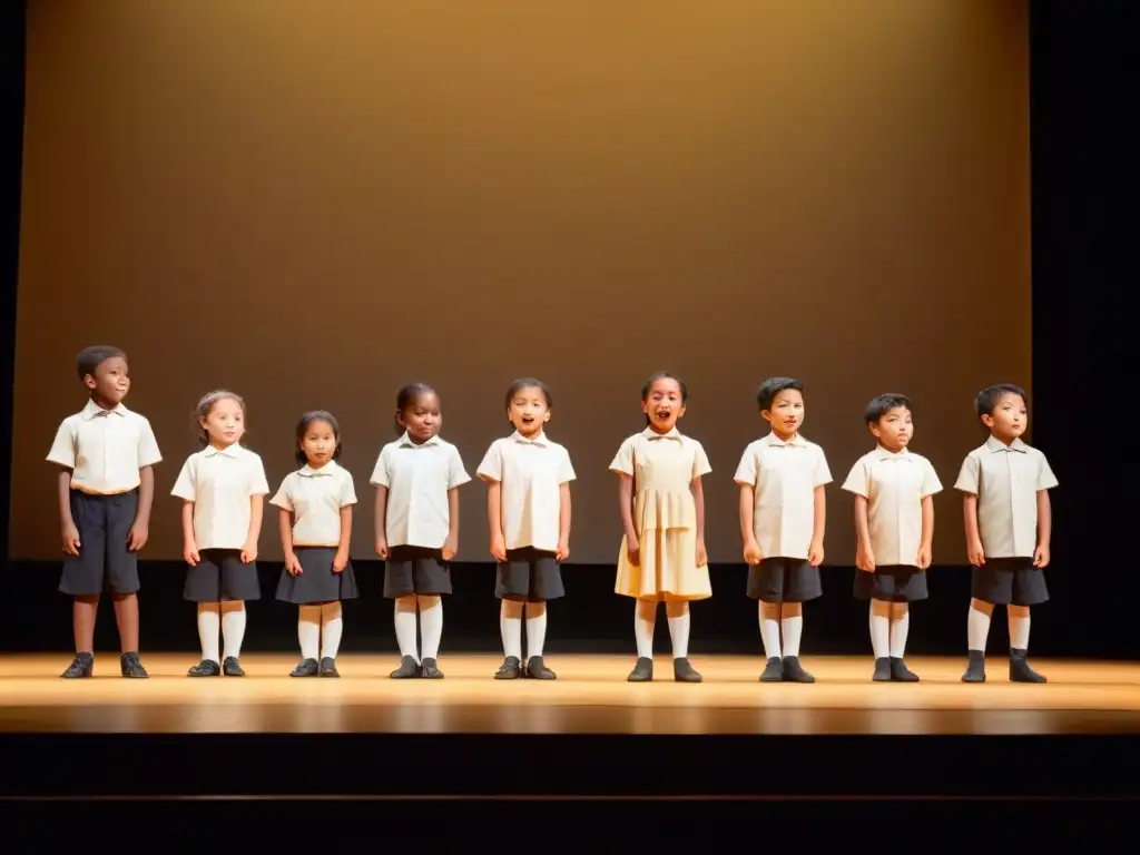 Diversos niños representando escena teatral, destacando desarrollo cognitivo y emocional