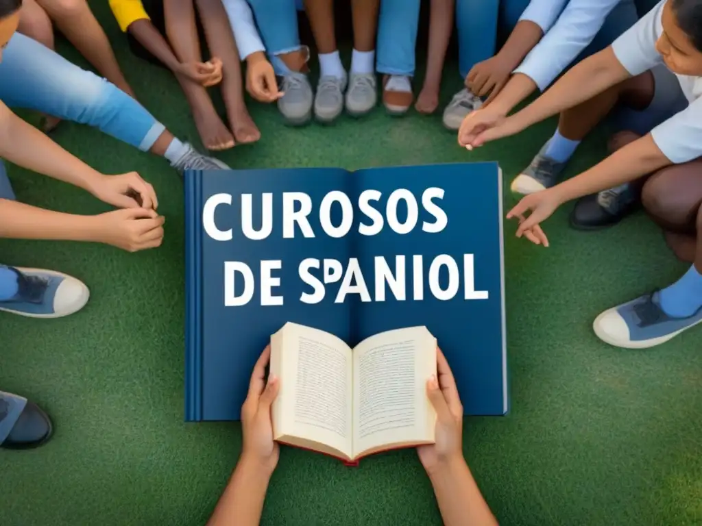 Niños escolares diversos en círculo con libros 'Cursos de Español' bajo cielo azul en Uruguay, simbolizando inclusión y educación