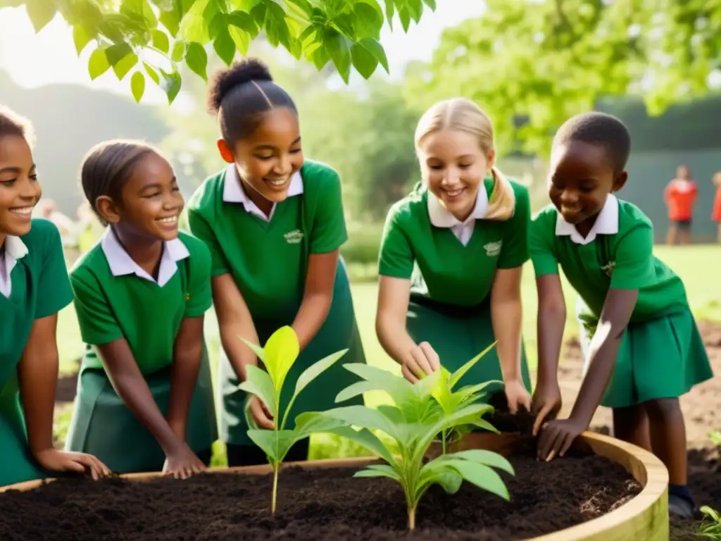 Niños de escuelas uruguayas crean comunidades sostenibles plantando árboles en un jardín escolar, unidos y felices bajo el sol filtrado entre las hojas