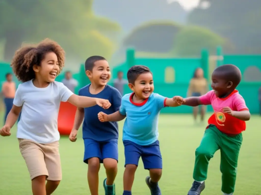 Niños de diversas etnias juegan en armonía, fomentando la diversidad y amistad