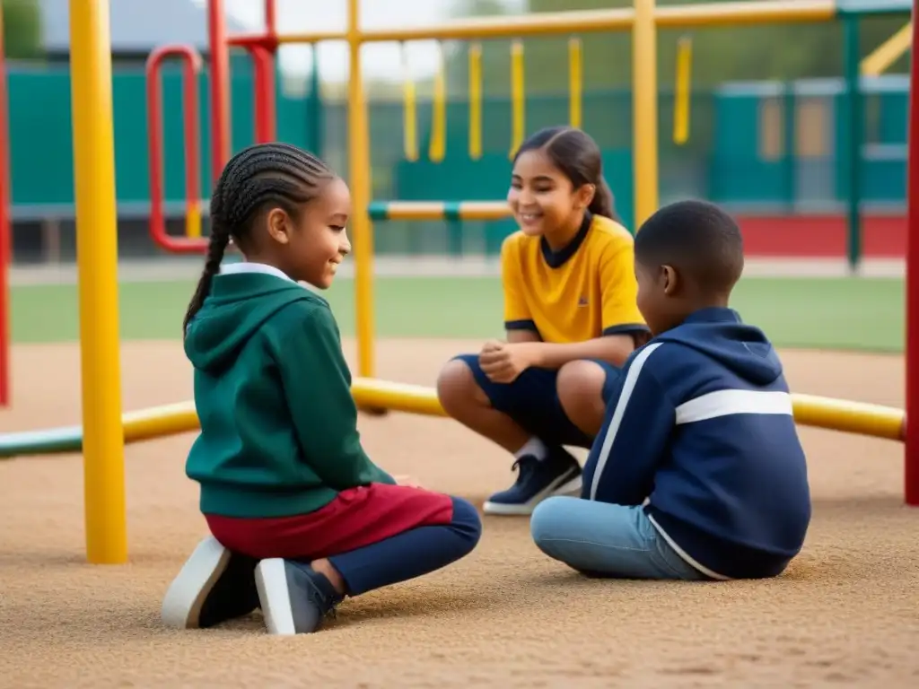 Niños de diversas etnias y géneros juegan unidos en un patio escolar, promoviendo la prevención del bullying en Uruguay