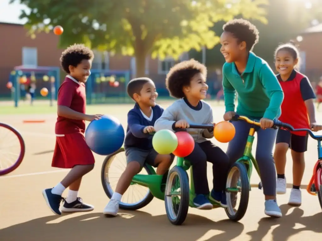 Niños de diversas etnias y habilidades juegan felices en un patio escolar inclusivo, con equipamiento adaptado