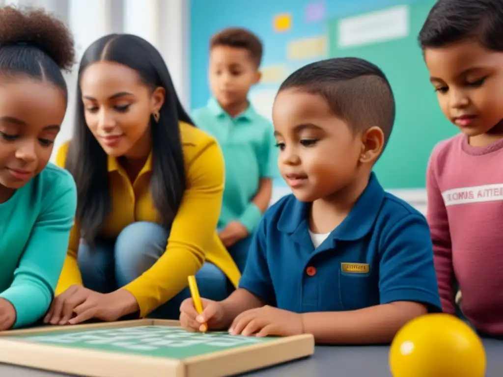 Niños de distintas etnias, habilidades y géneros juegan felices en un aula colorida con actividades inclusivas para promover igualdad