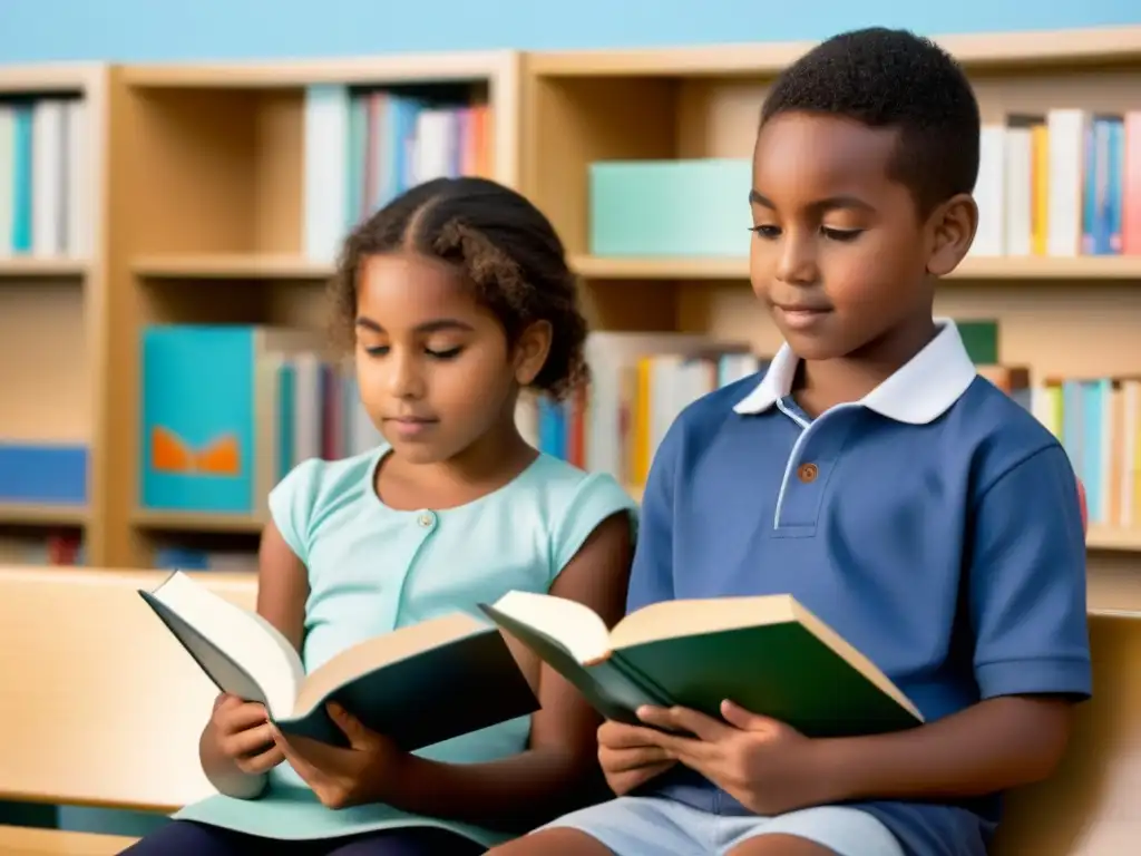 Dos niños de distintas etnias leen juntos en un aula luminosa, rodeados de libros