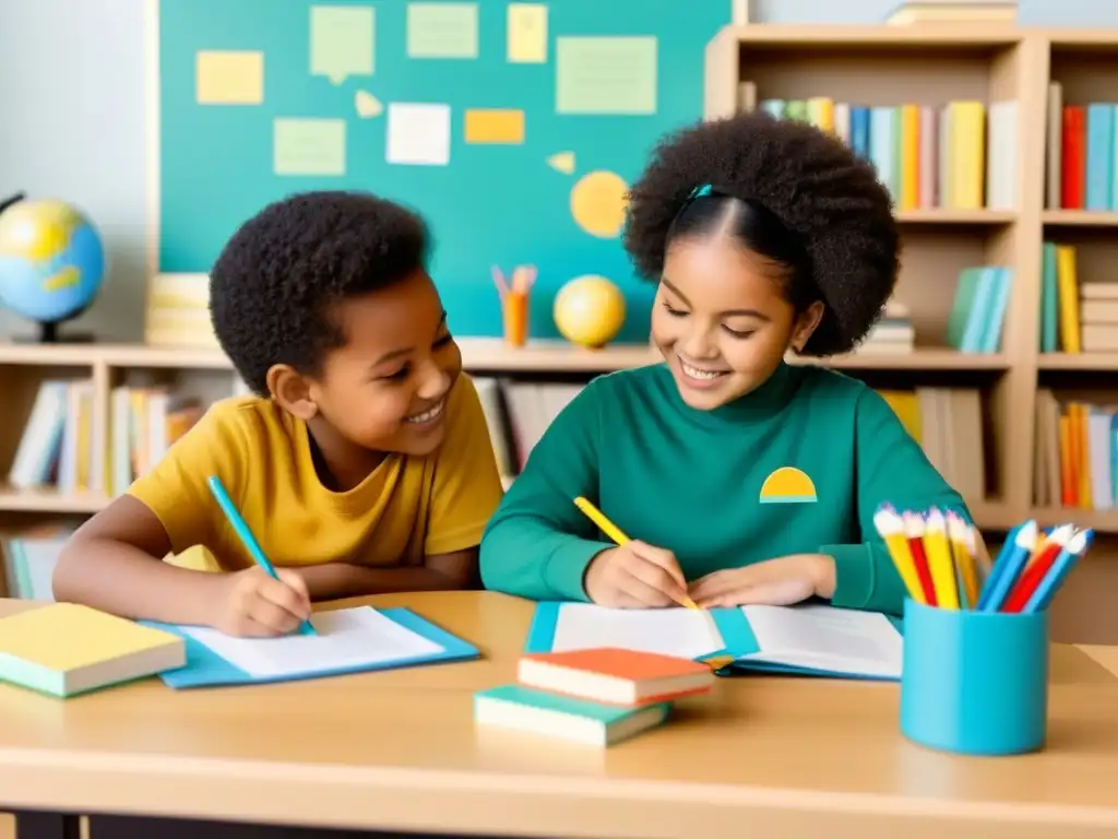 Dos niños de diferentes etnias estudian juntos rodeados de libros y flashcards