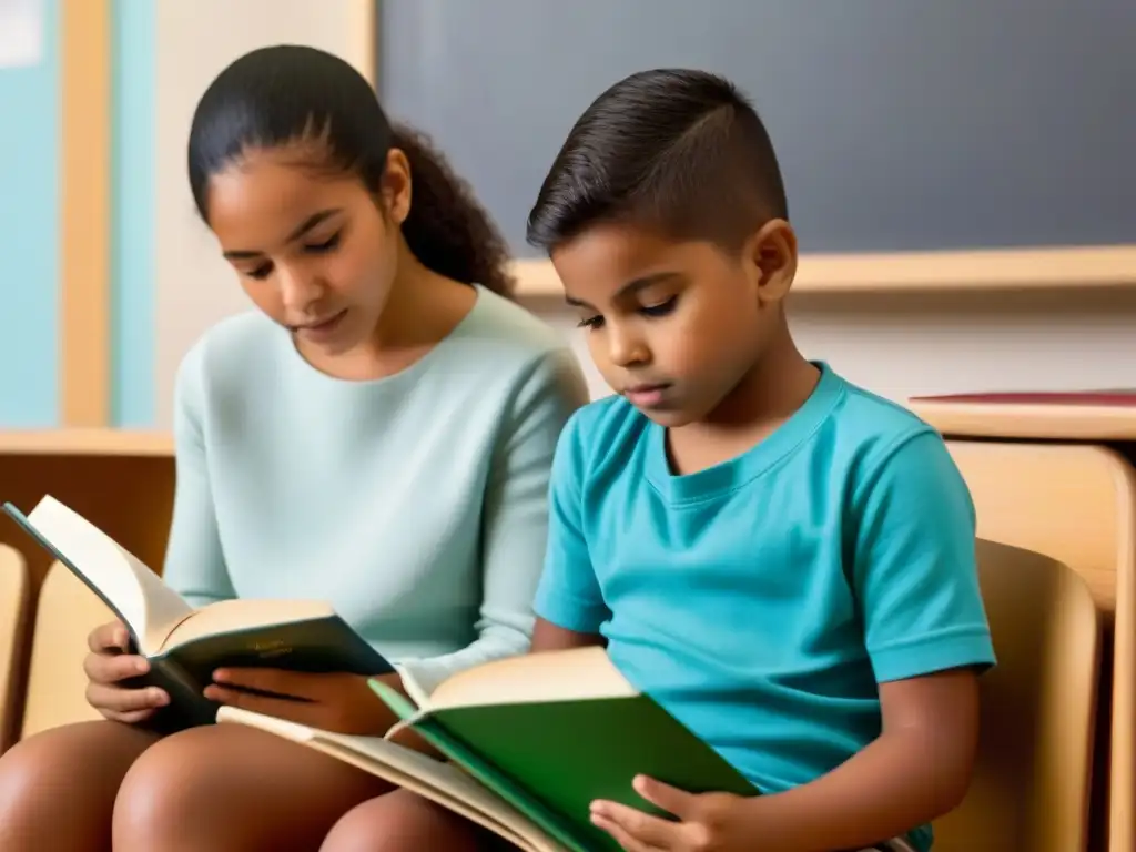 Dos niños de distintas etnias comparten libro bilingüe en aula uruguaya, reflejando educación bilingüe en Uruguay