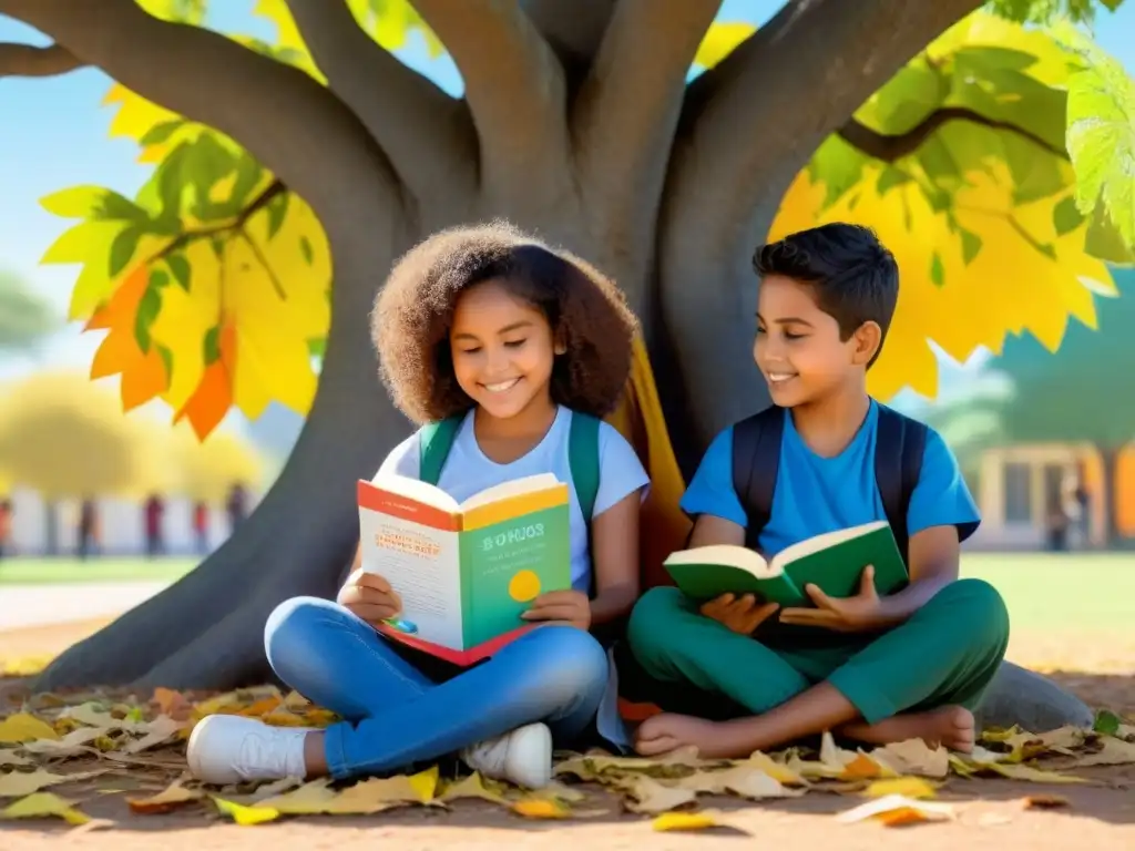 Dos niños de distintas etnias leen libros en un entorno escolar sereno con hojas de colores