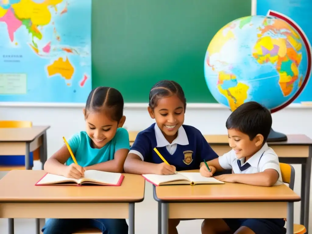 Dos niños felices aprendiendo en un aula bilingüe con libros en español e inglés