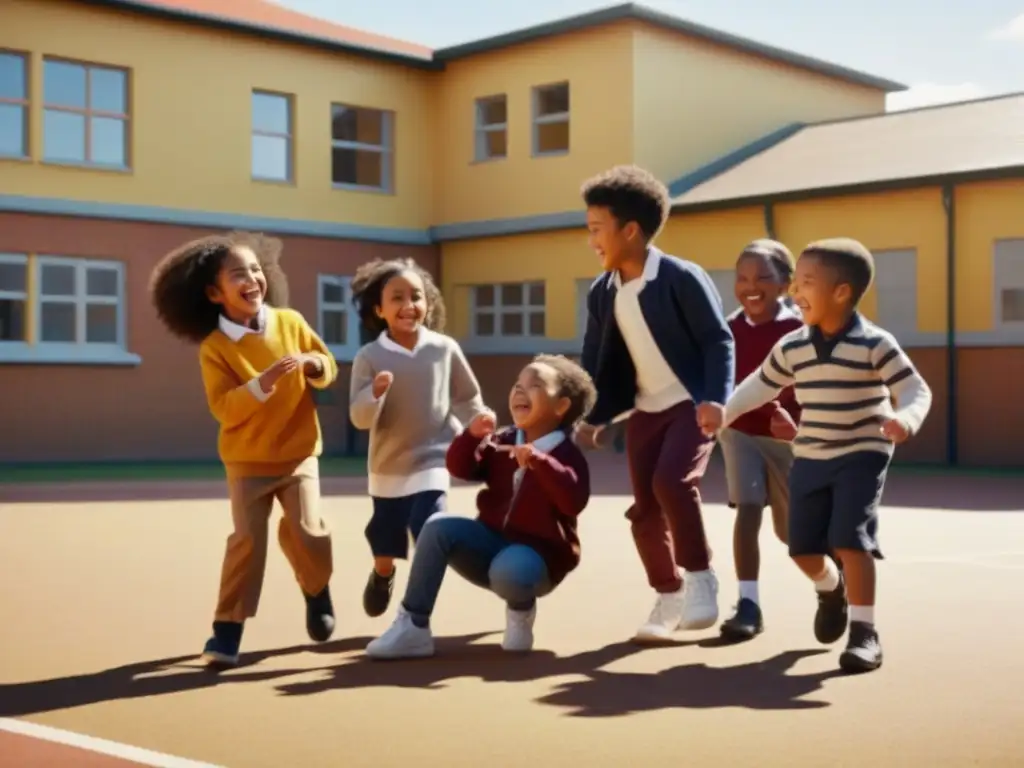 Niños felices de diferentes etnias juegan juntos en un patio escolar, mostrando integración cultural en escuelas Uruguay