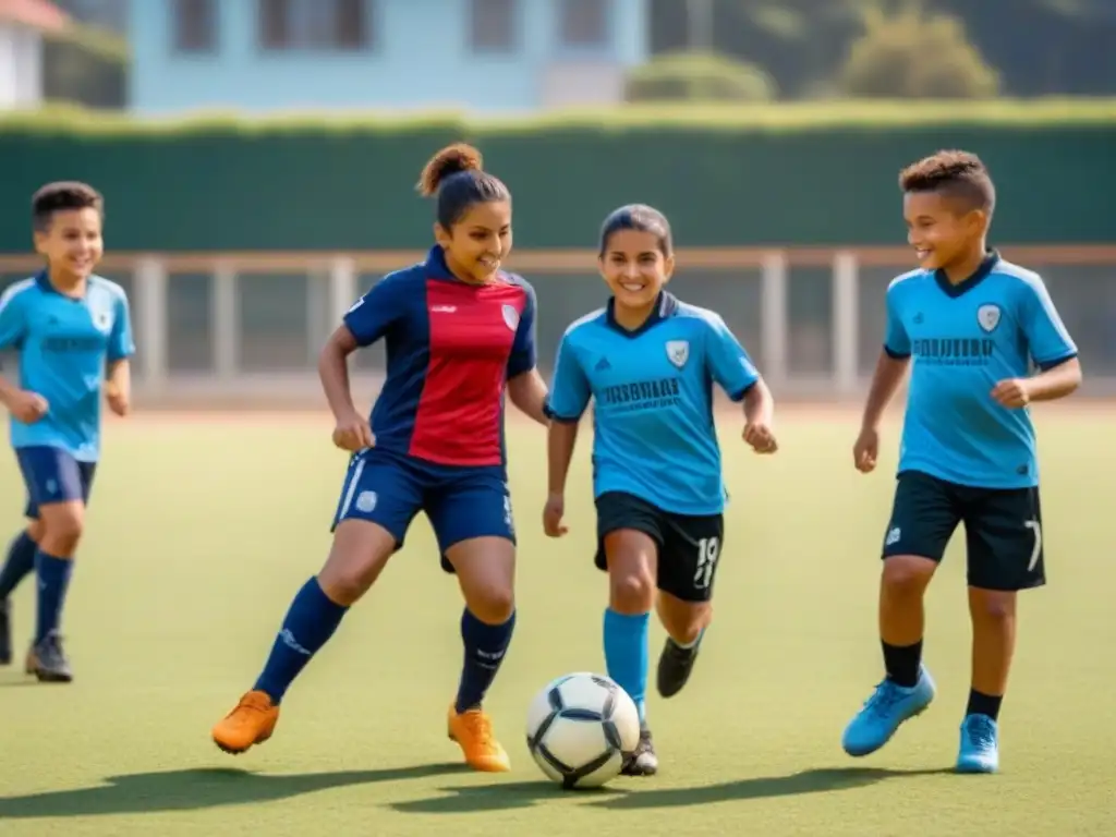 Niños felices jugando fútbol en un colegio de Uruguay, destacando la inclusión educativa a través del deporte