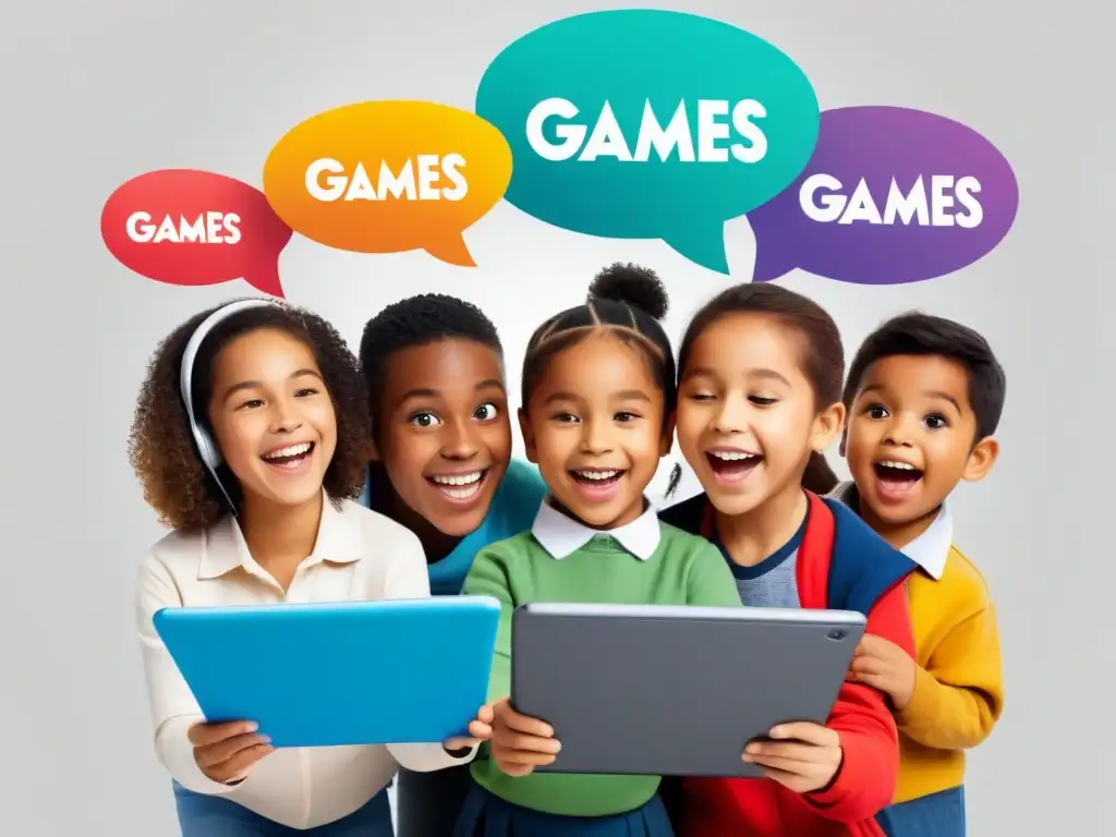 Niños felices jugando juegos educativos para niños en tablets y libros, rodeados de burbujas de palabras en diferentes idiomas