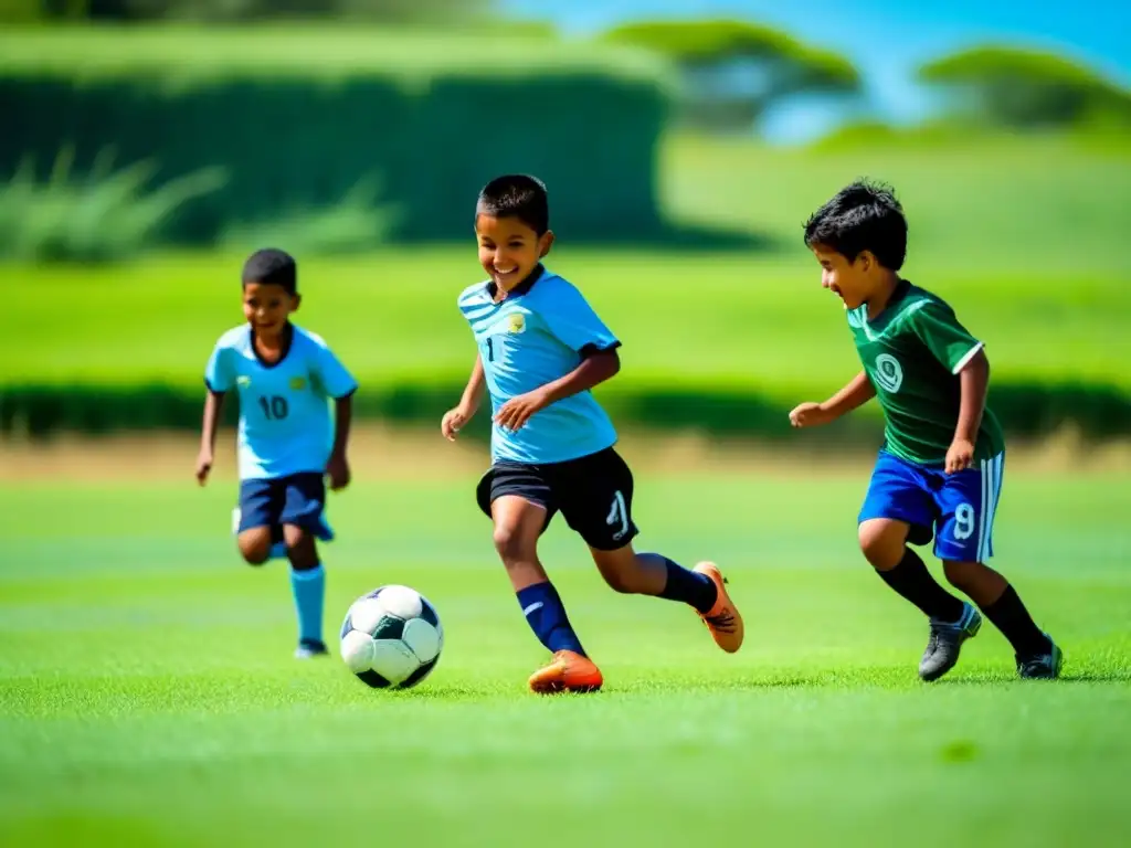 Niños jugando al fútbol en campo verde, expresiones alegres