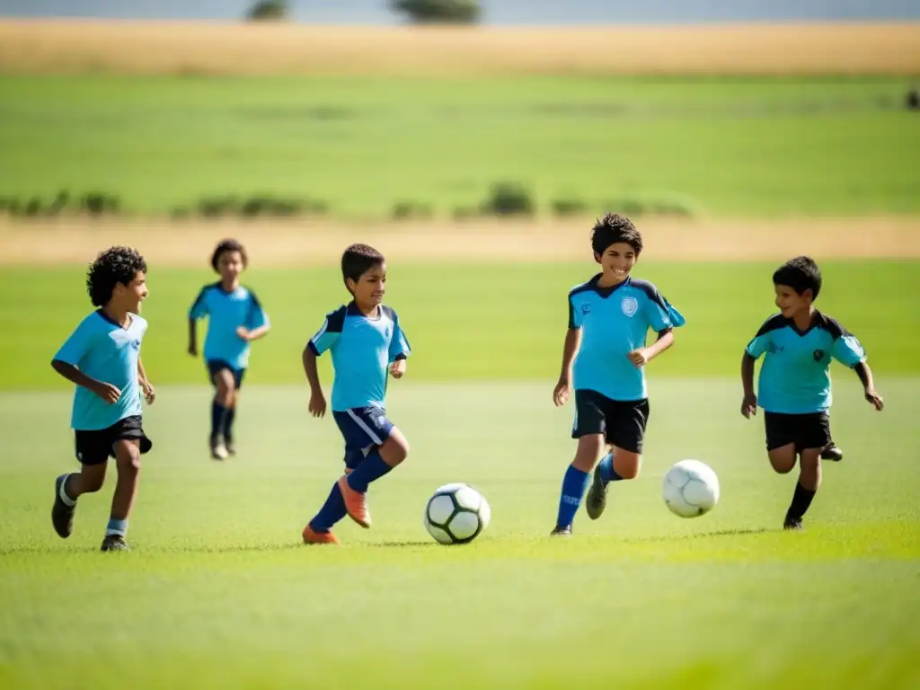 Niños de Uruguay juegan fútbol en campo verde bajo el sol, resaltando la importancia del deporte en educación