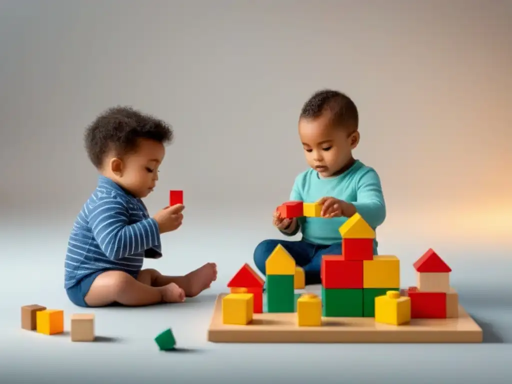 Dos niños juegan y aprenden idiomas con bloques, fomentando la educación bilingüe y el desarrollo cognitivo temprano