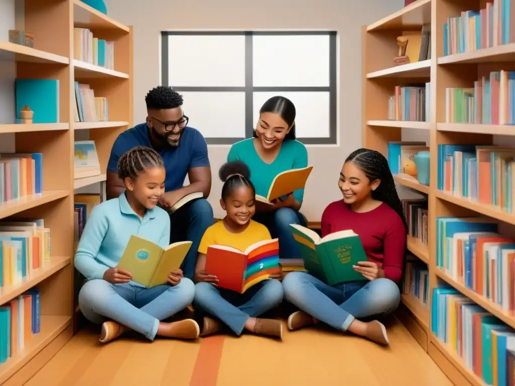 Niños diversos leen juntos en aula acogedora, rodeados de libros coloridos