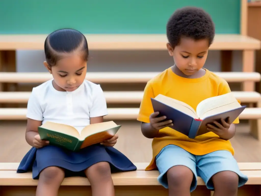 Dos niños leen juntos en un banco de madera, representando la educación bilingüe en Uruguay