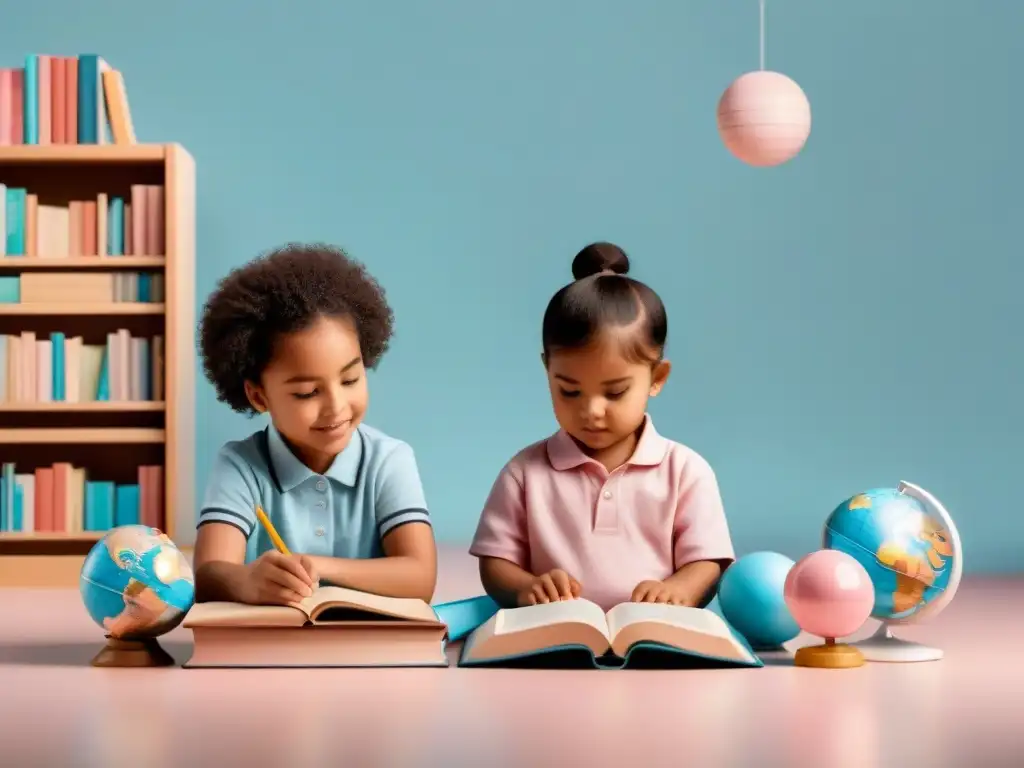 Dos niños aprendiendo juntos en educación bilingüe, rodeados de libros y globos terráqueos