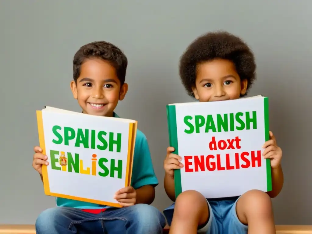 Dos niños, uno con libro en español y otro en inglés, rodeados de materiales educativos