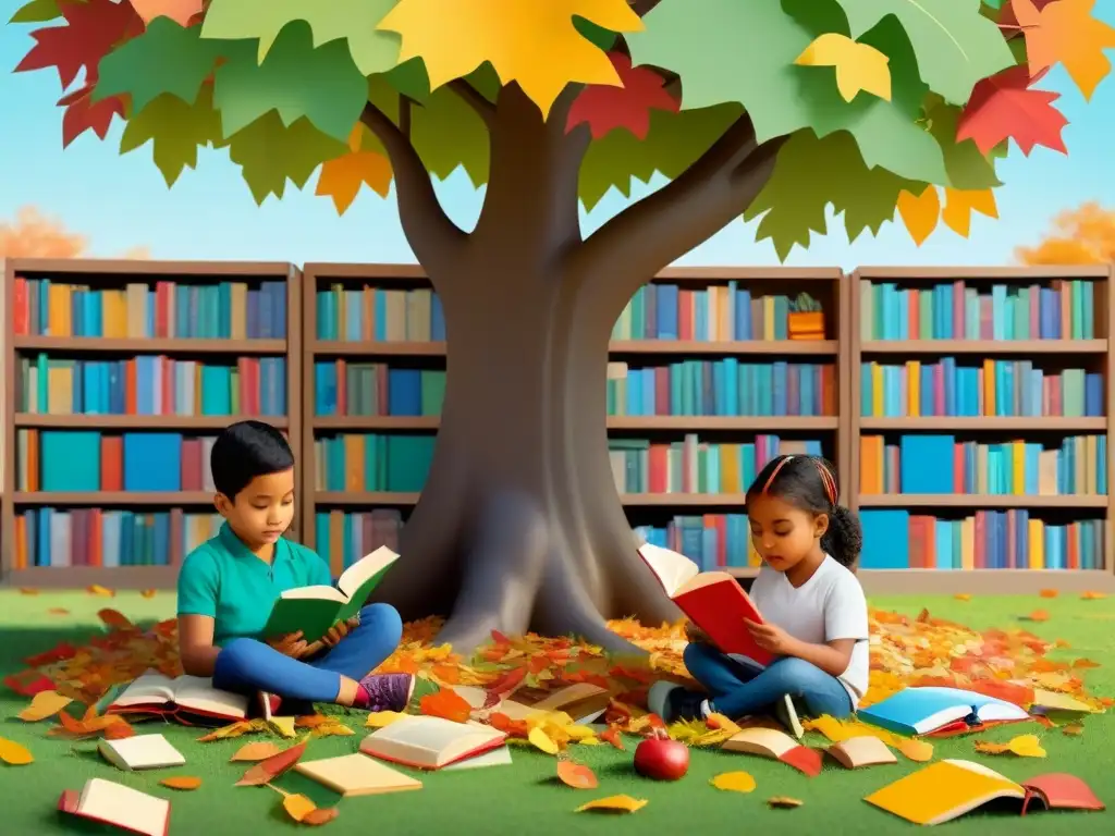 Dos niños leyendo libros en español e inglés bajo un árbol, hojas de colores caen a su alrededor