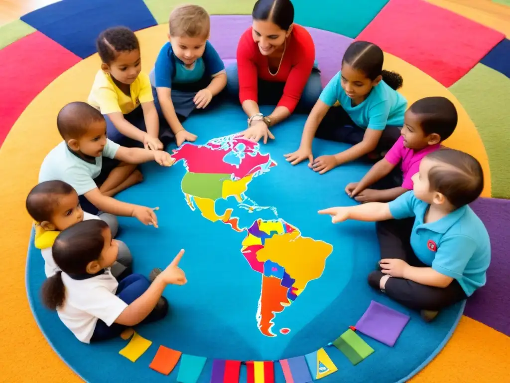 Niños de preescolar de Uruguay y del mundo en actividad multicultural, resaltando influencias internacionales en educación preescolar