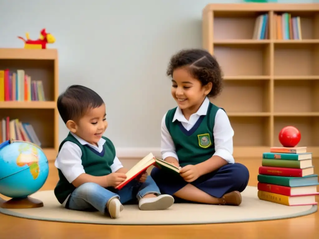 Dos niños de distintos orígenes culturales juegan felices en un aula llena de libros y juguetes educativos, simbolizando los beneficios del bilingüismo educativo en Uruguay