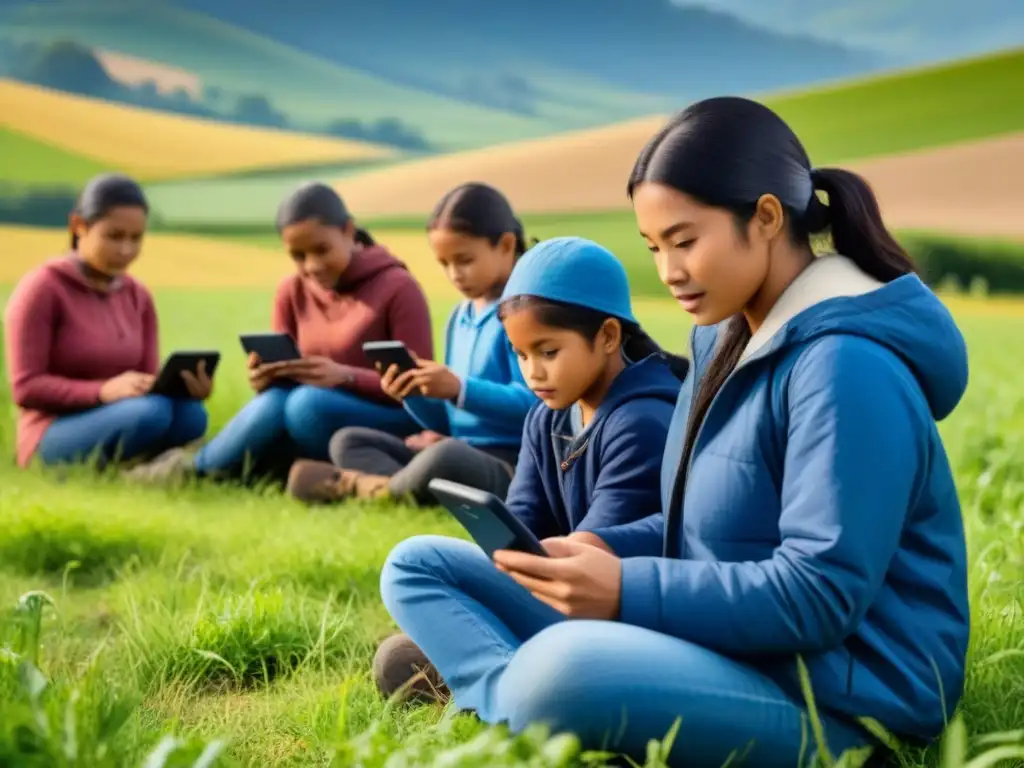 Niños y padres en entornos rurales, interactuando con dispositivos móviles